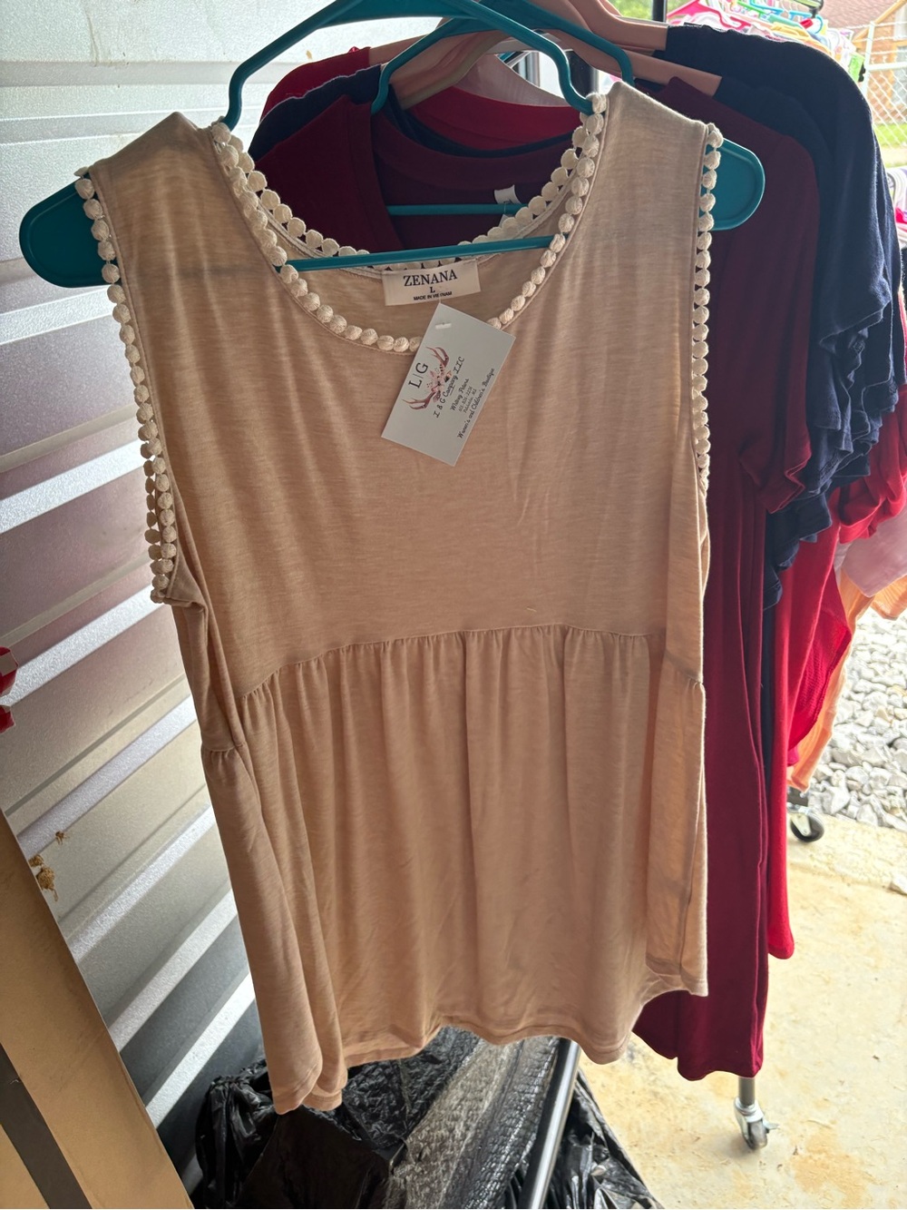 Zenana Outfitters Beige Crochet-Trim Peplum Tank Top